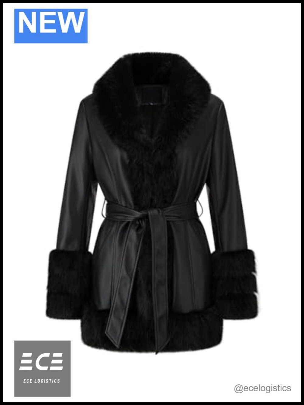 Faux Leather Fur Lined Belted Parka Overcoat
